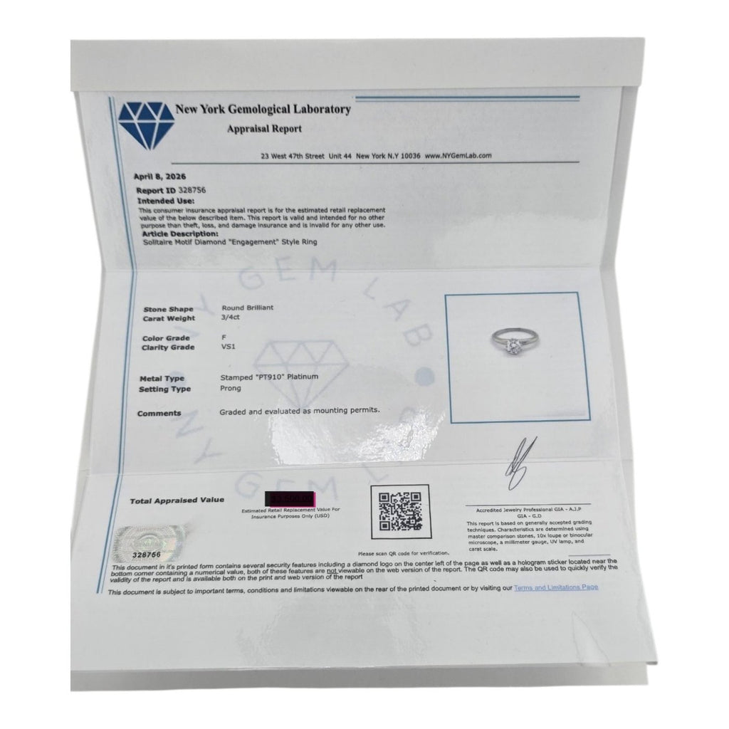 New York Gemological Laboratory report for platinum diamond solitaire ring