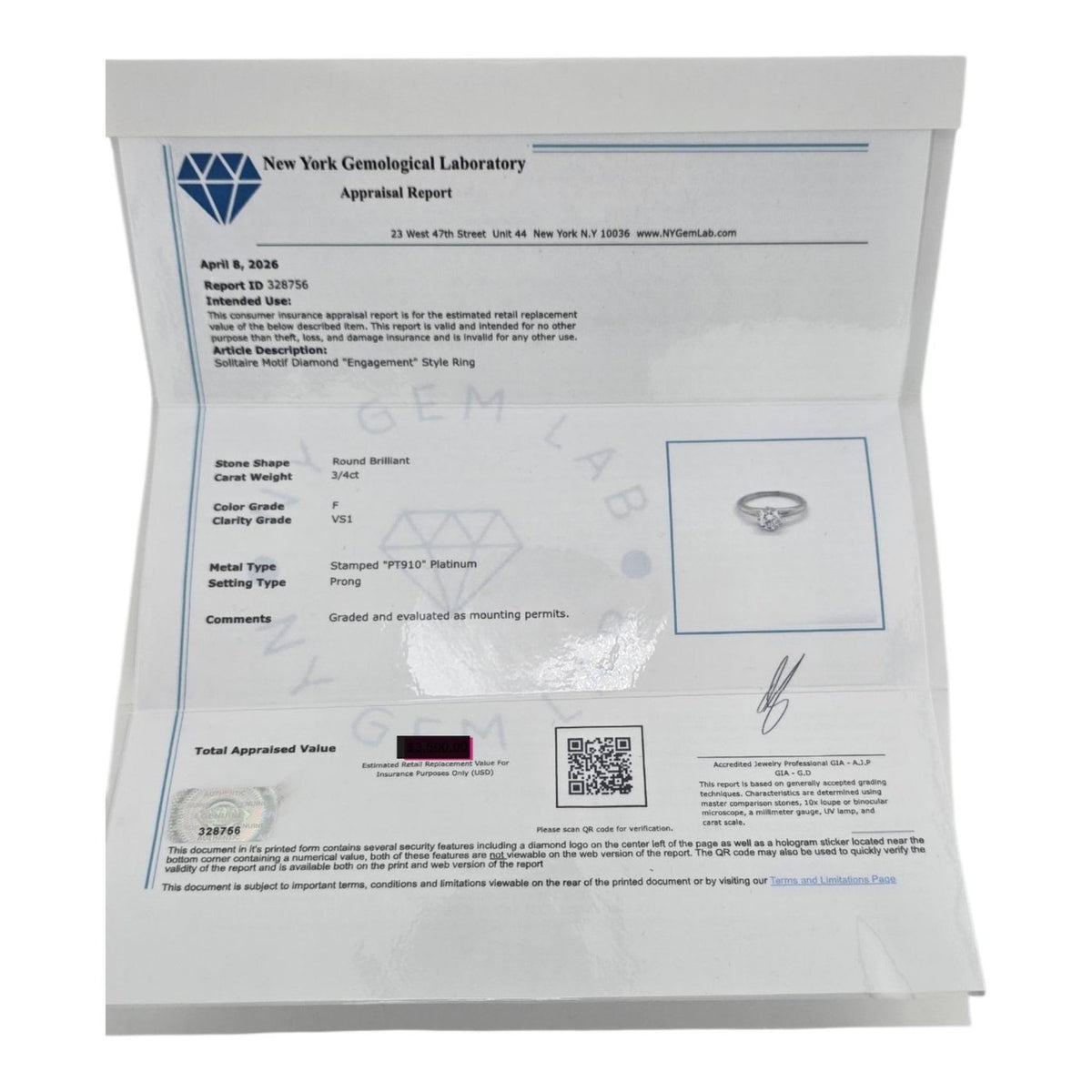 New York Gemological Laboratory report for platinum diamond solitaire ring