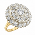 14K yellow gold diamond ring with round center stone and double halo of round diamonds