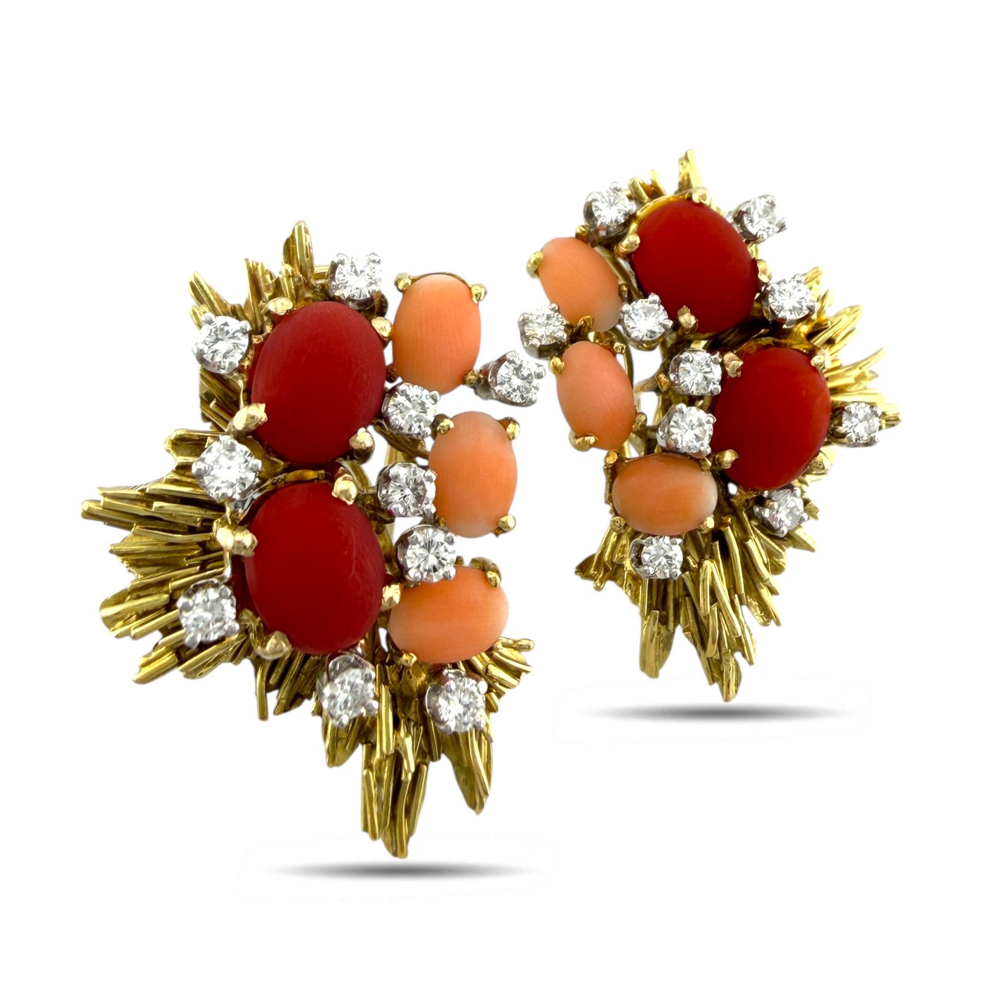 18K Yellow Gold Coral and 6.45ct Diamond Brooch and Earring Set