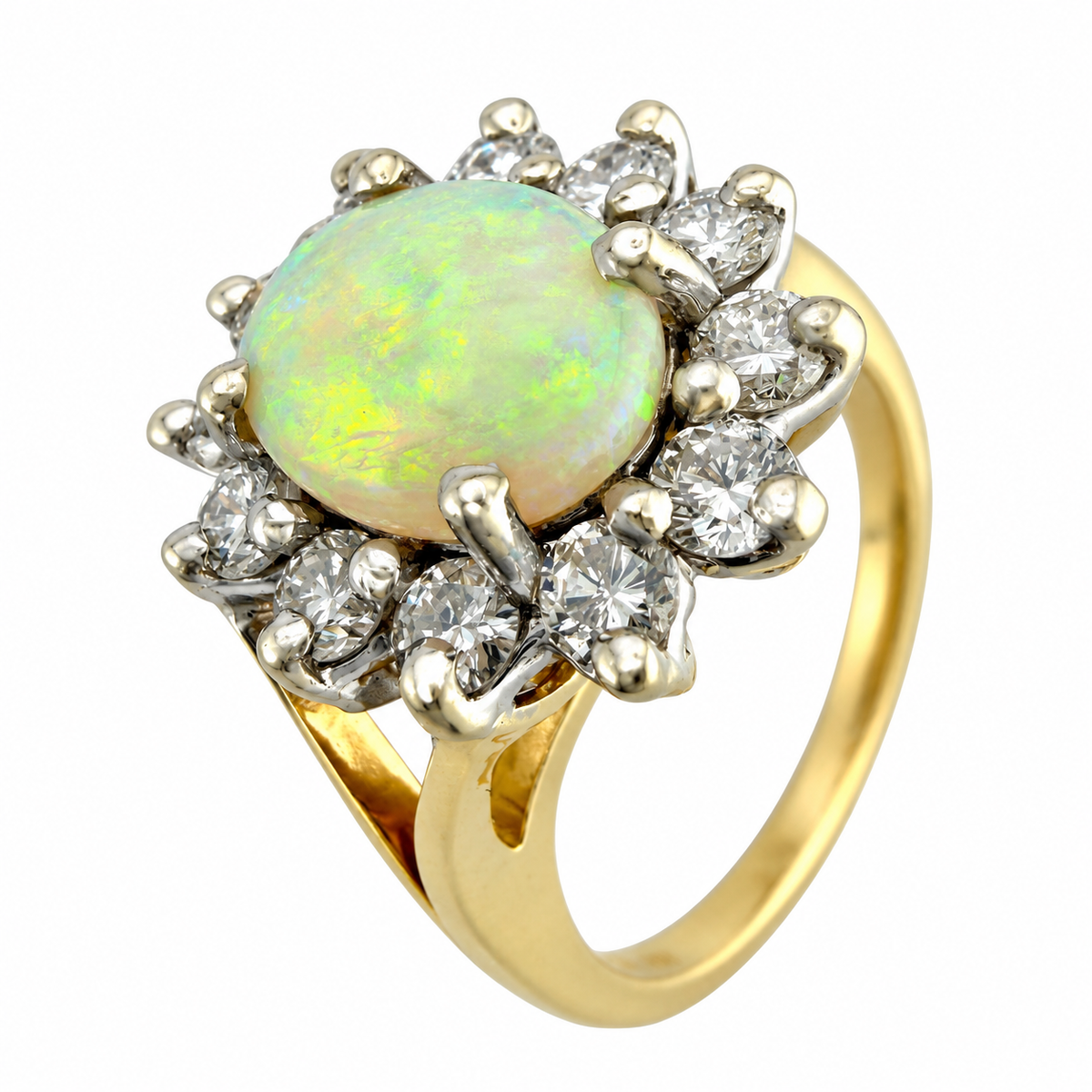 14K yellow gold ring featuring oval opal center with diamond clusters and prongs.