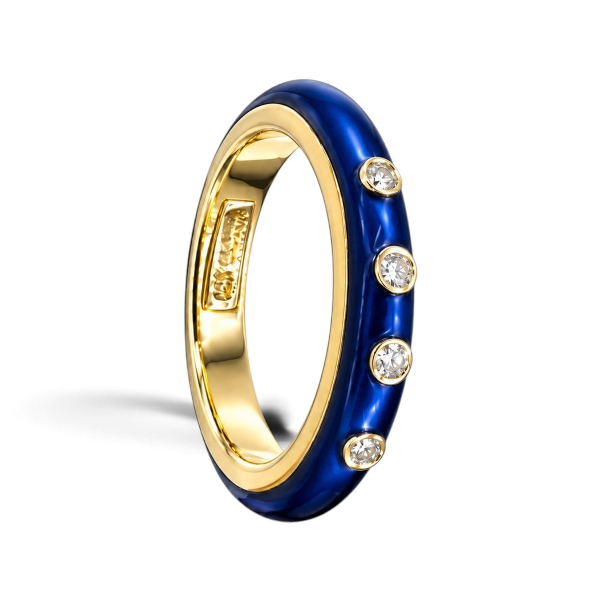 14K yellow gold ring with blue enamel band and three round diamonds on side