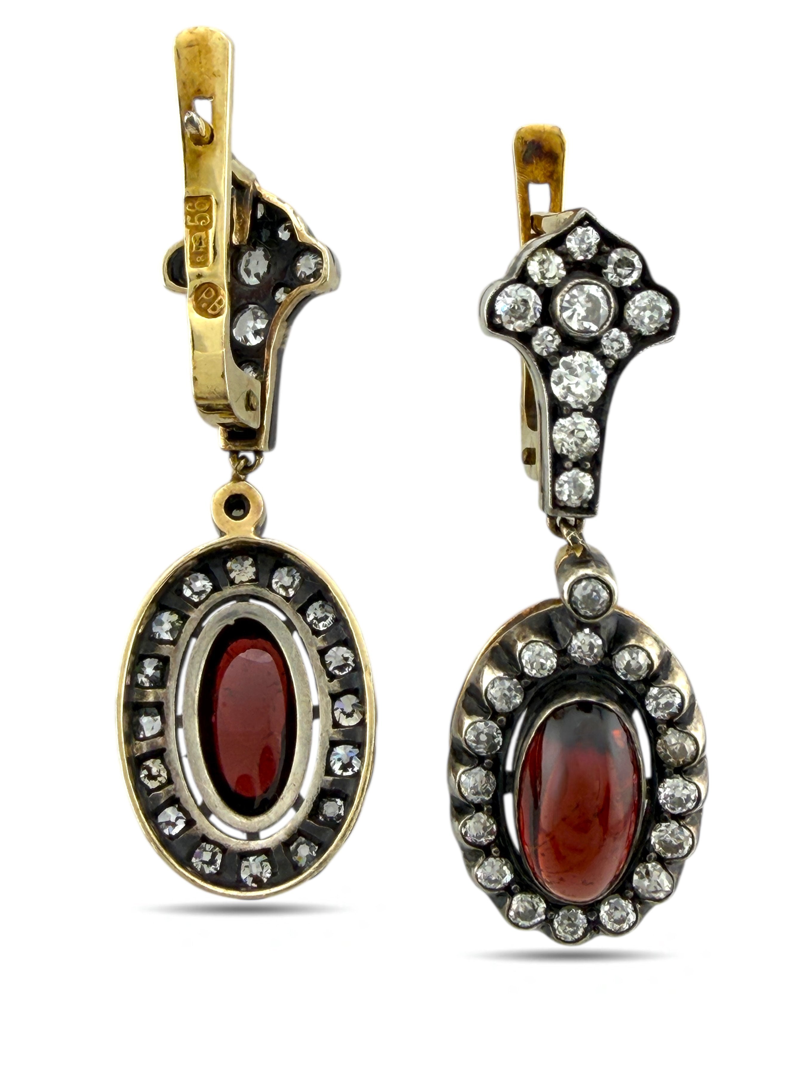Antique Imperial Russian 56K Yellow Gold 2.46ct and Burgundy Garnet Earrings