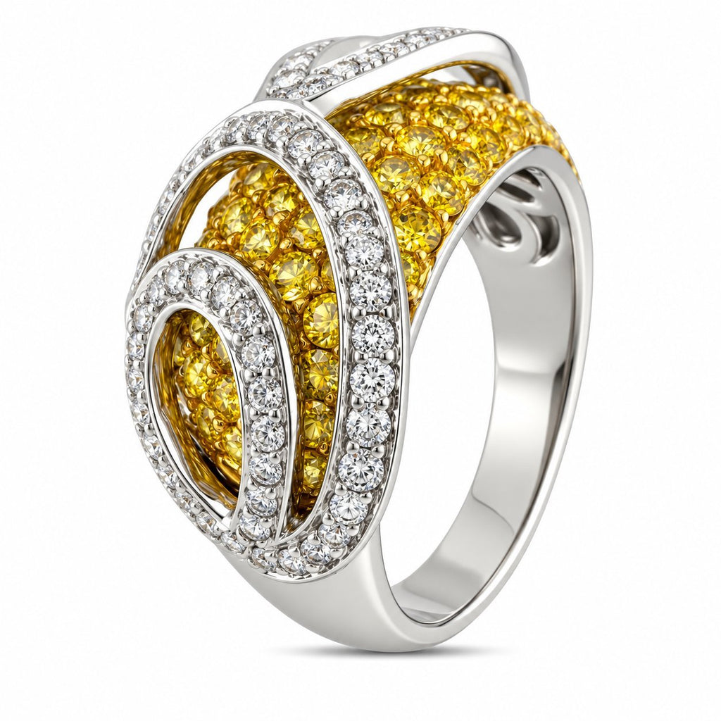 White gold citrine and diamond ring, 3/4 front view with scalloped halo bands