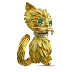 18K Yellow Gold Diamond and Emerald Cat Brooch