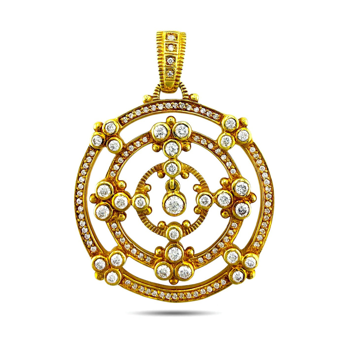 18K yellow gold circular diamond brooch with raised floral-like lattice center