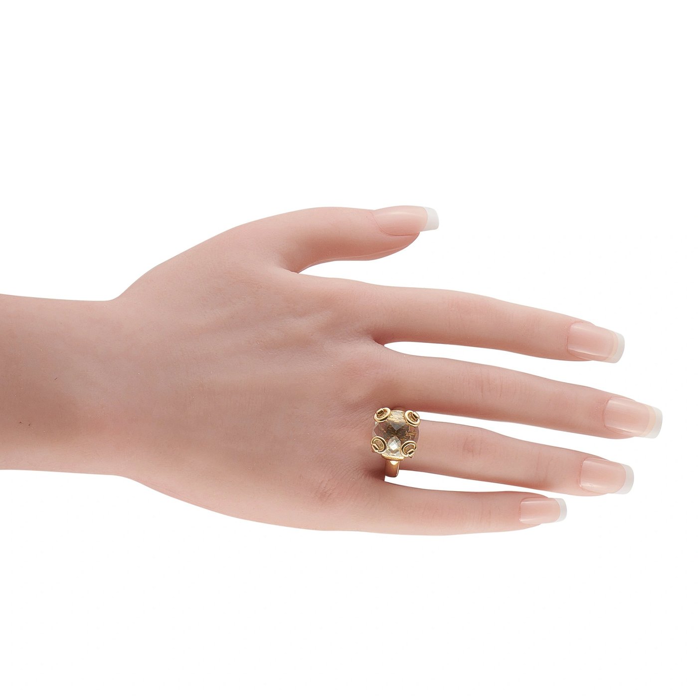 Yellow gold horsebit ring with oval clear gemstone, Gucci script and decorative gold bezel