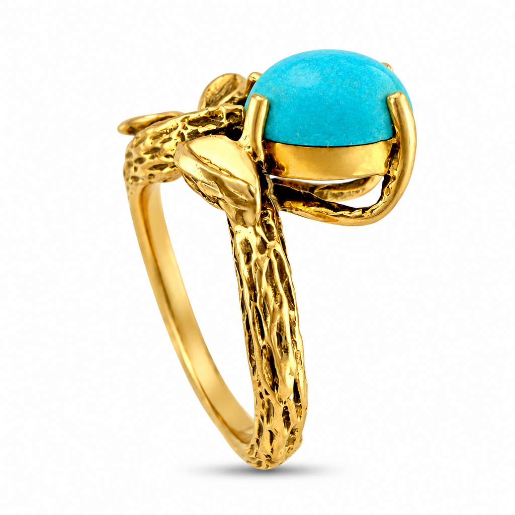 14K yellow gold turquoise cabochon ring with open branch band