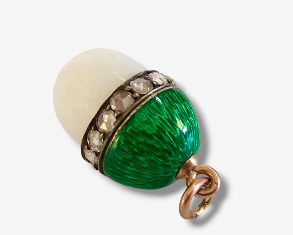K. Faberge Imperial Russian 56k Gold Diamond and Green Enamel Egg Pendant