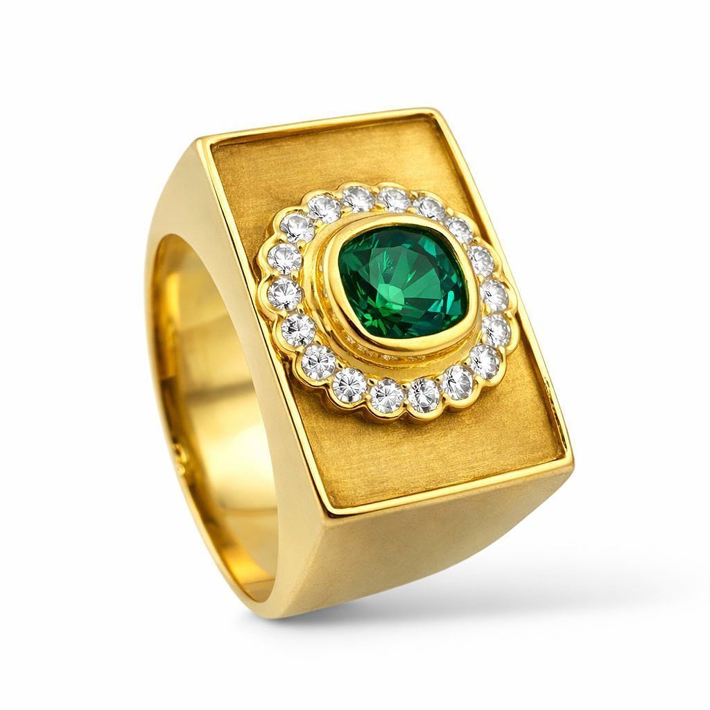 Le Vian 18K yellow gold rectangular ring, green gemstone center with diamond halo