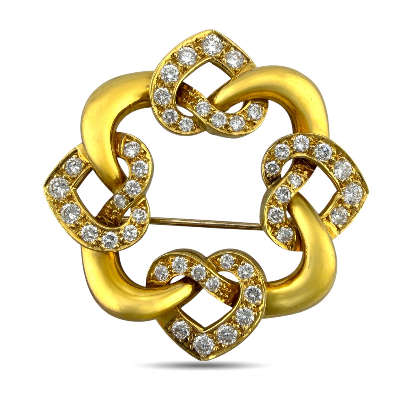 14K Yellow Gold 1.5ct Diamond Interlocking Heart Brooch