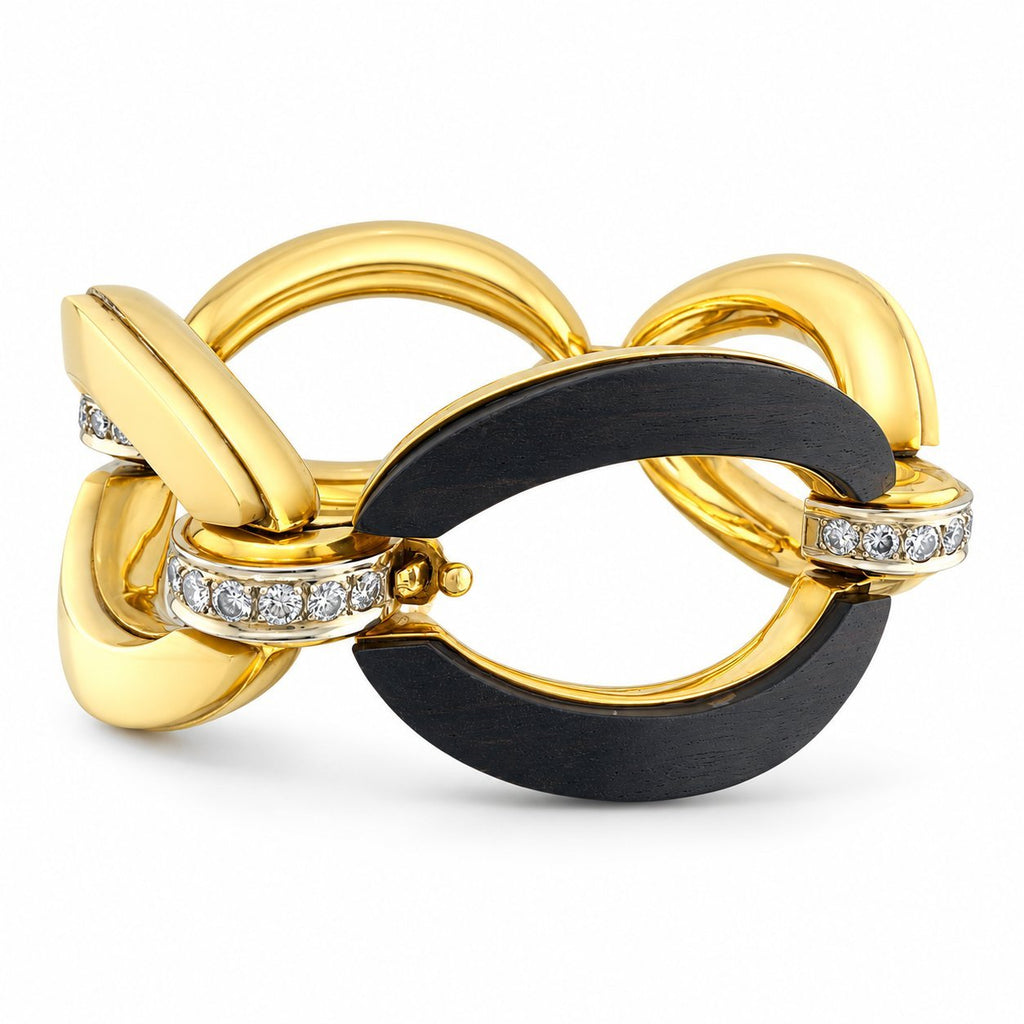 Yellow gold bracelet with intersecting black wood arcs and diamond crystal accents