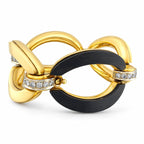Yellow gold bracelet with intersecting black wood arcs and diamond crystal accents