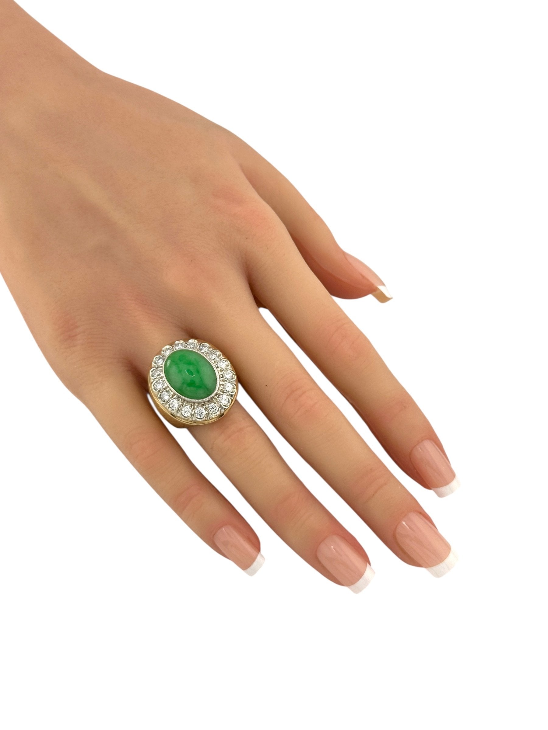 14K Yellow Gold Ring with 1.5ct Diamonds and Green Jade
