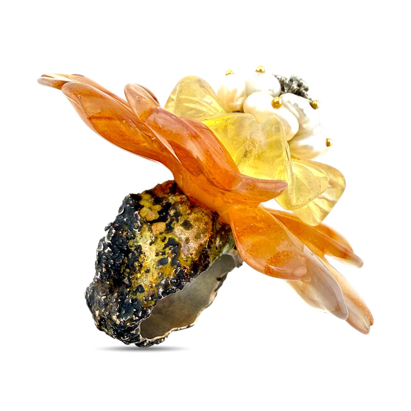 Orange petal flower ring with pearl-like center and diamond-like accents on dark band