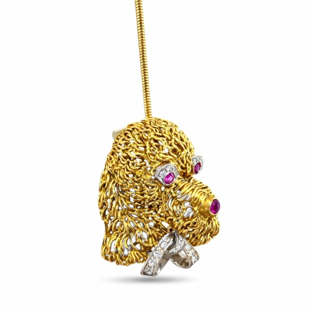 14K Yellow Gold 0.25ct Diamond and Ruby Dog Brooch Pendant