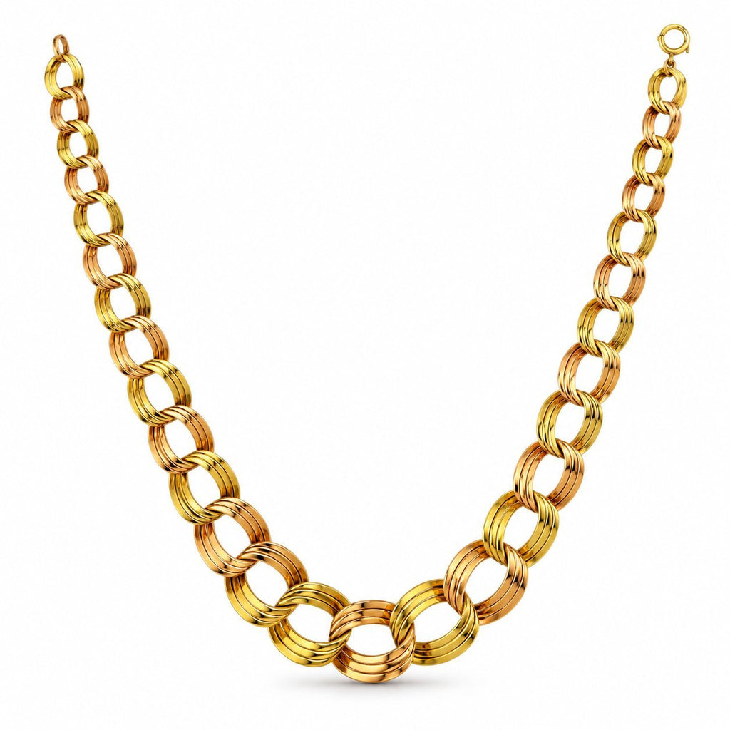 Gold tone graduated circle link necklace, symmetrical view with rounded center links