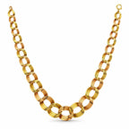 Gold tone graduated circle link necklace, symmetrical view with rounded center links
