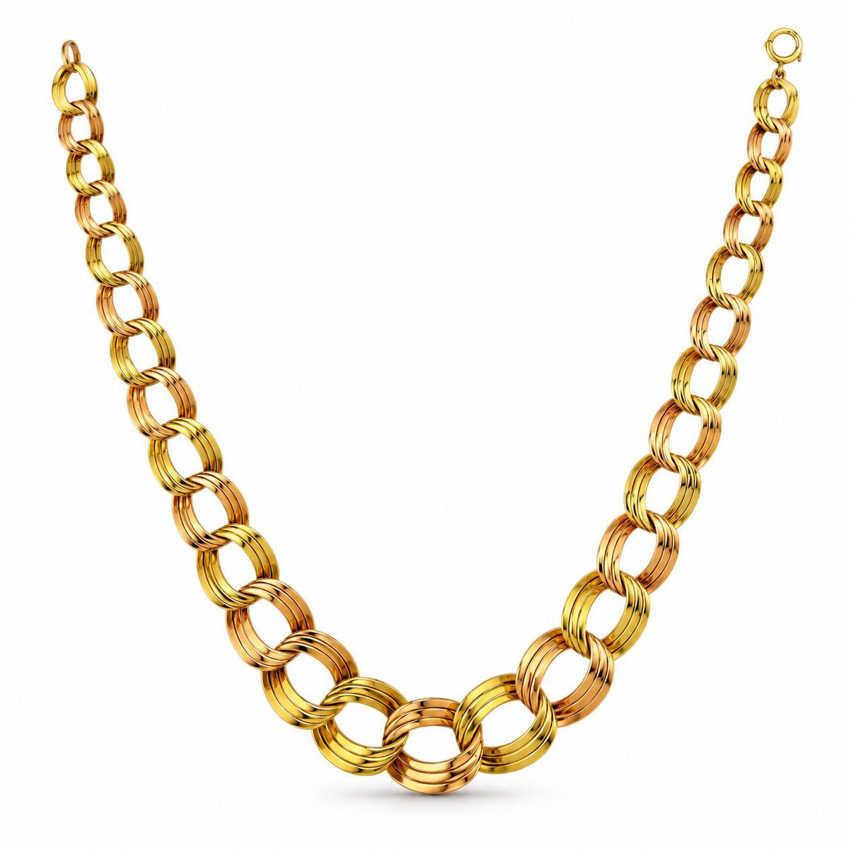 Gold tone graduated circle link necklace, symmetrical view with rounded center links