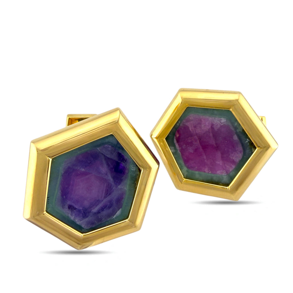 18K Yellow Gold Cufflinks with Trapiche Ruby and Amethyst