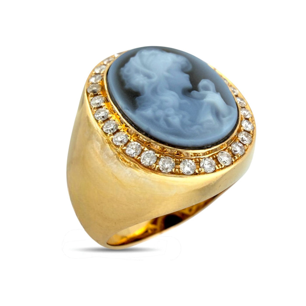 18K Yellow Gold Agate and 0.3ct Diamond Female Figure Ring