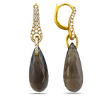 Pair of smoky quartz drop earrings showing diamond-set fronts and hinged gold clasps
