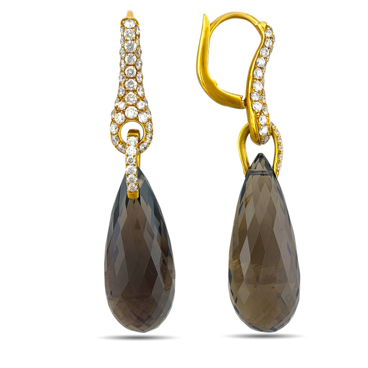 Pair of smoky quartz drop earrings showing diamond-set fronts and hinged gold clasps