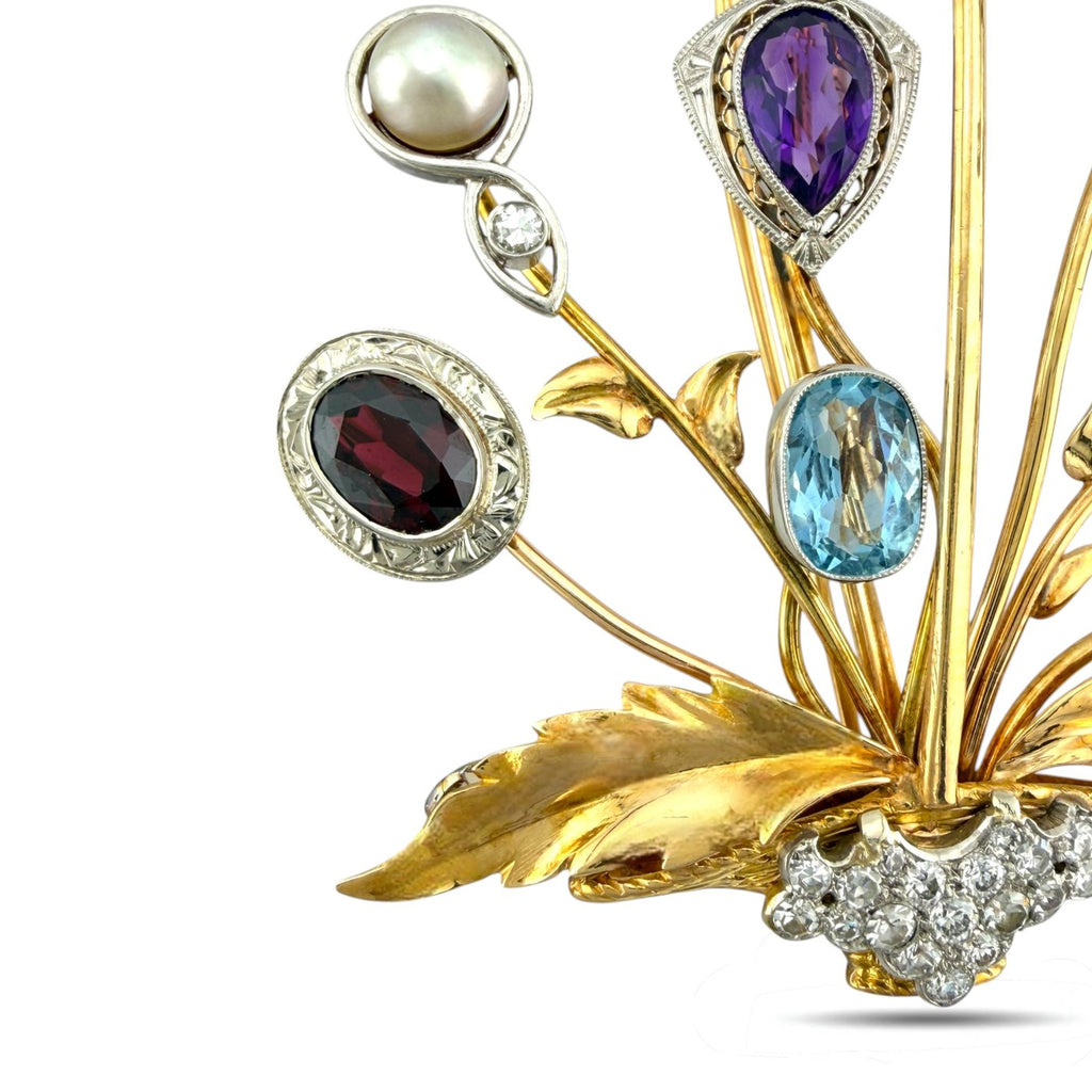 14K Yellow Gold Multi Gemstone and 1ct Diamond Basket Flower Brooch