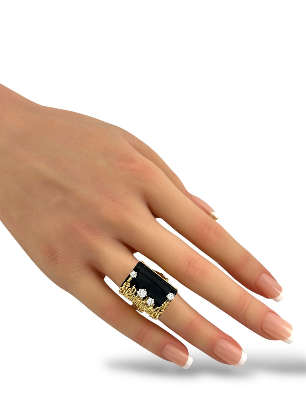 18K Yellow Gold Ring with Diamonds, Black Stone and Pressure-Relief Mechanism
