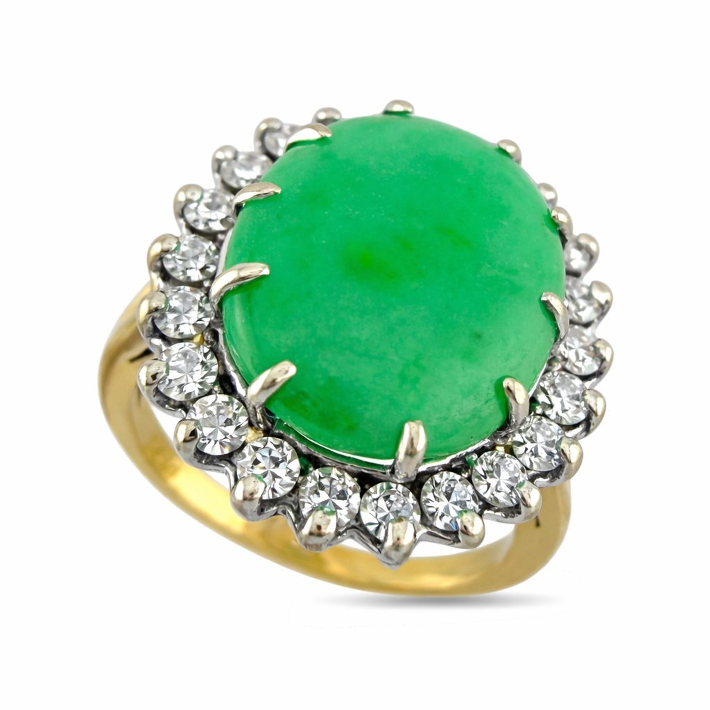 14K Yellow Gold 5.25ct Jade and 0.55ct Diamond Halo Ring