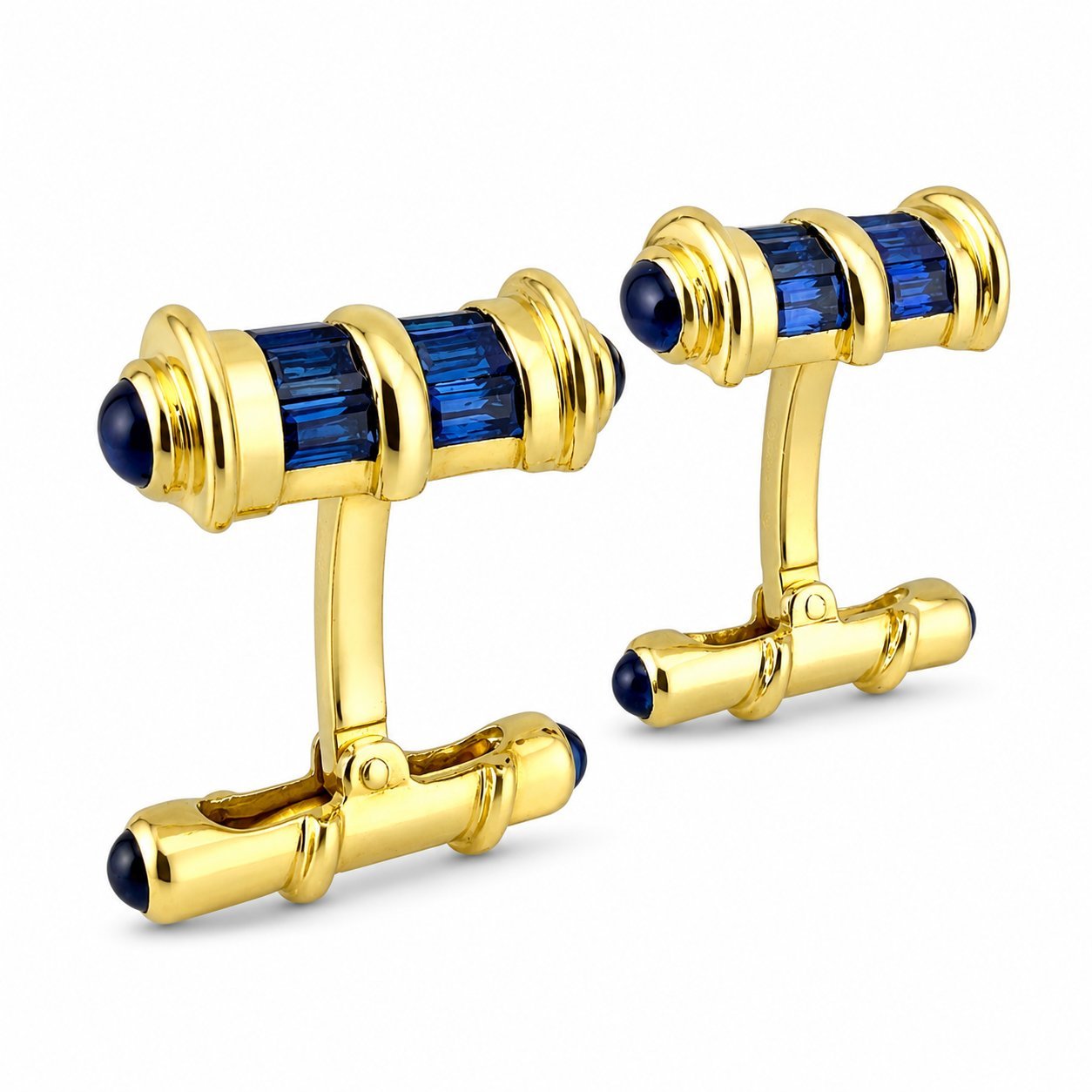 18K yellow gold cufflinks featuring blue rectangular sapphire in gold-tone posts