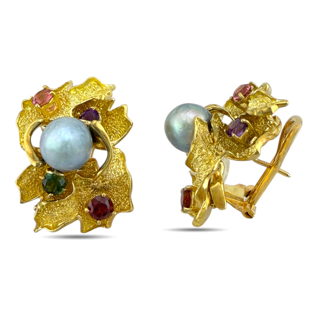 18K Yellow Gold Multi-Gemstone and Pearl Earrings