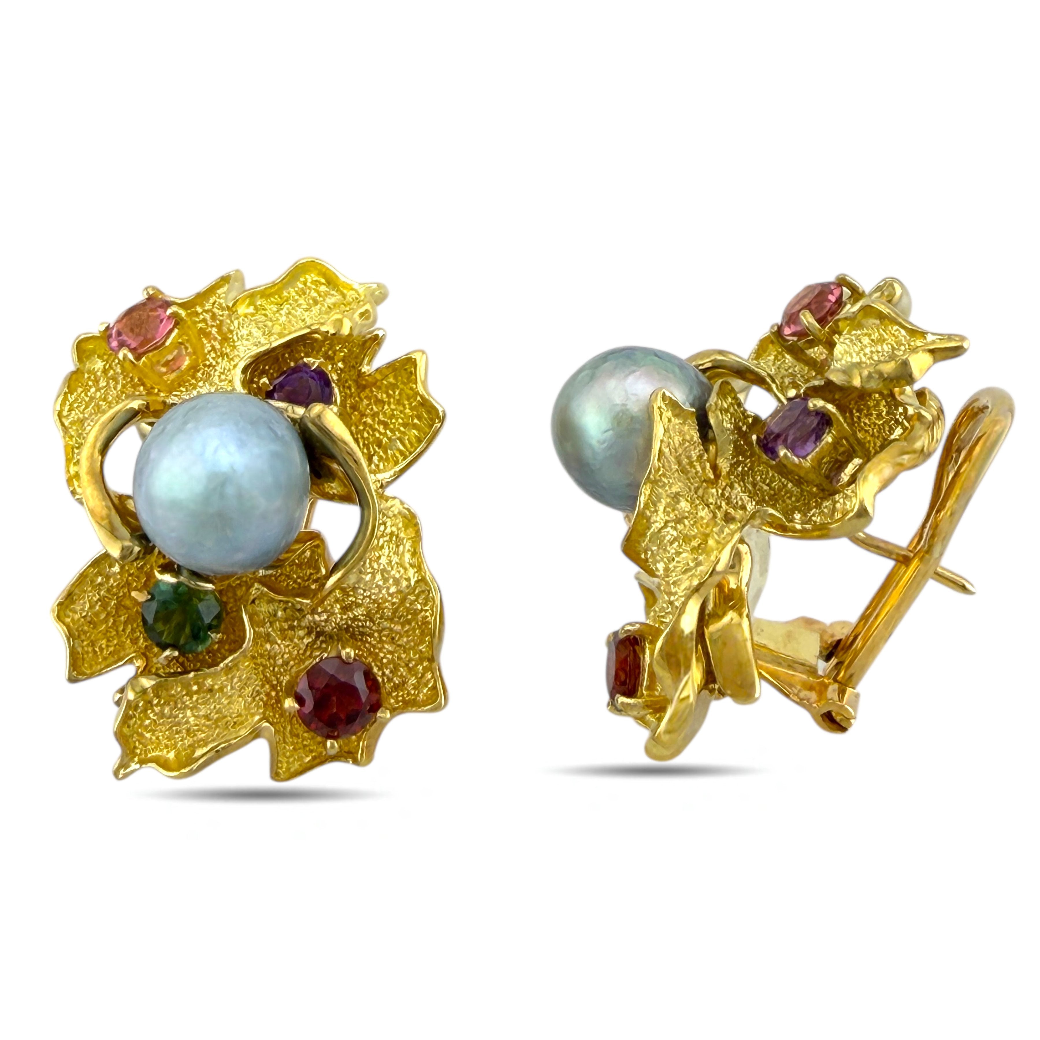 18K Yellow Gold Multi-Gemstone and Pearl Earrings