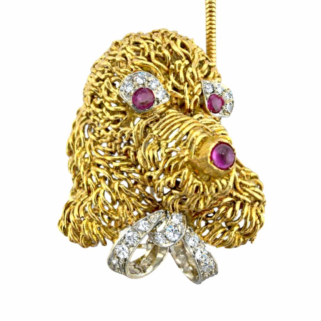 14K Yellow Gold 0.25ct Diamond and Ruby Dog Brooch Pendant