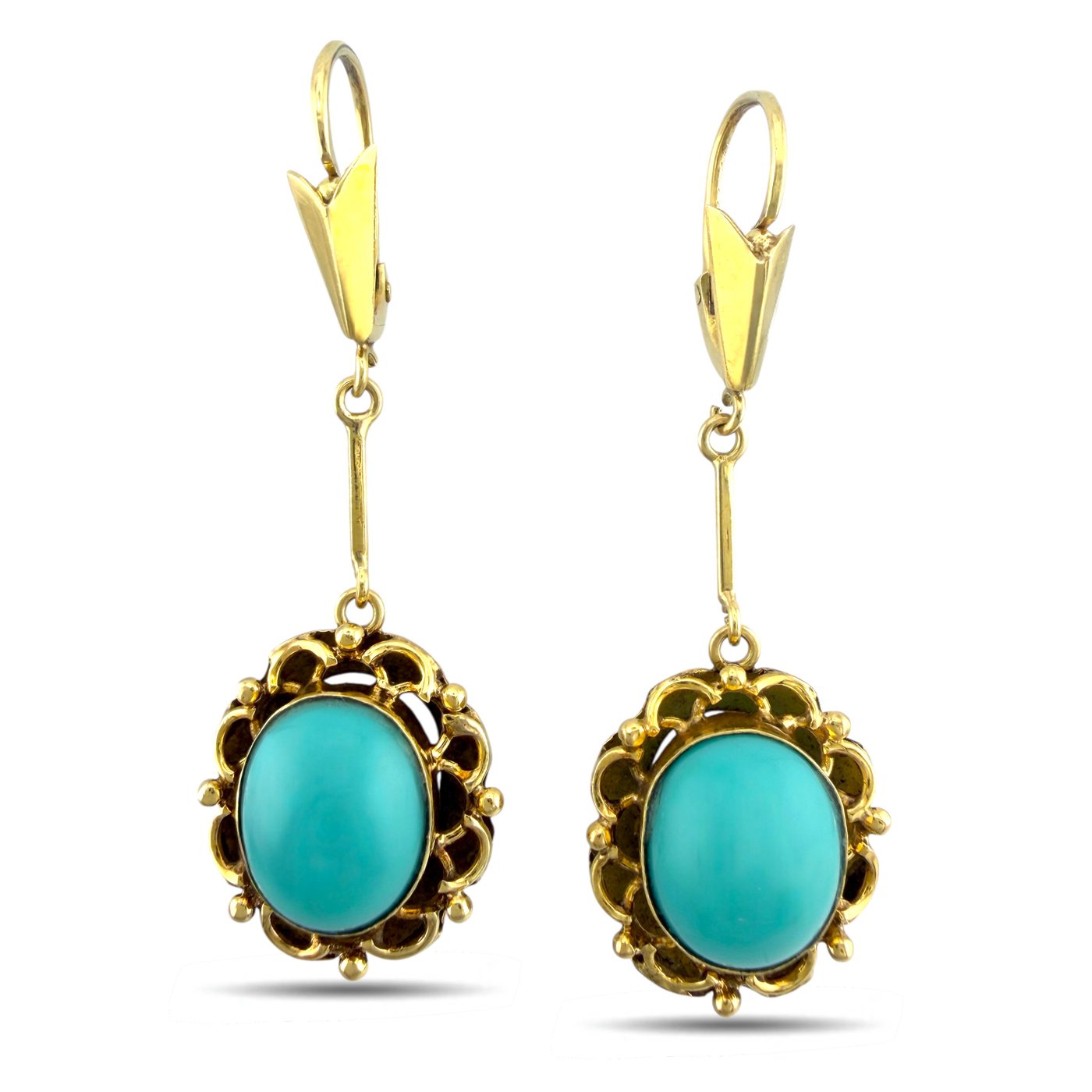 Vintage 14K Yellow Gold Oval Turquoise Drop Earrings
