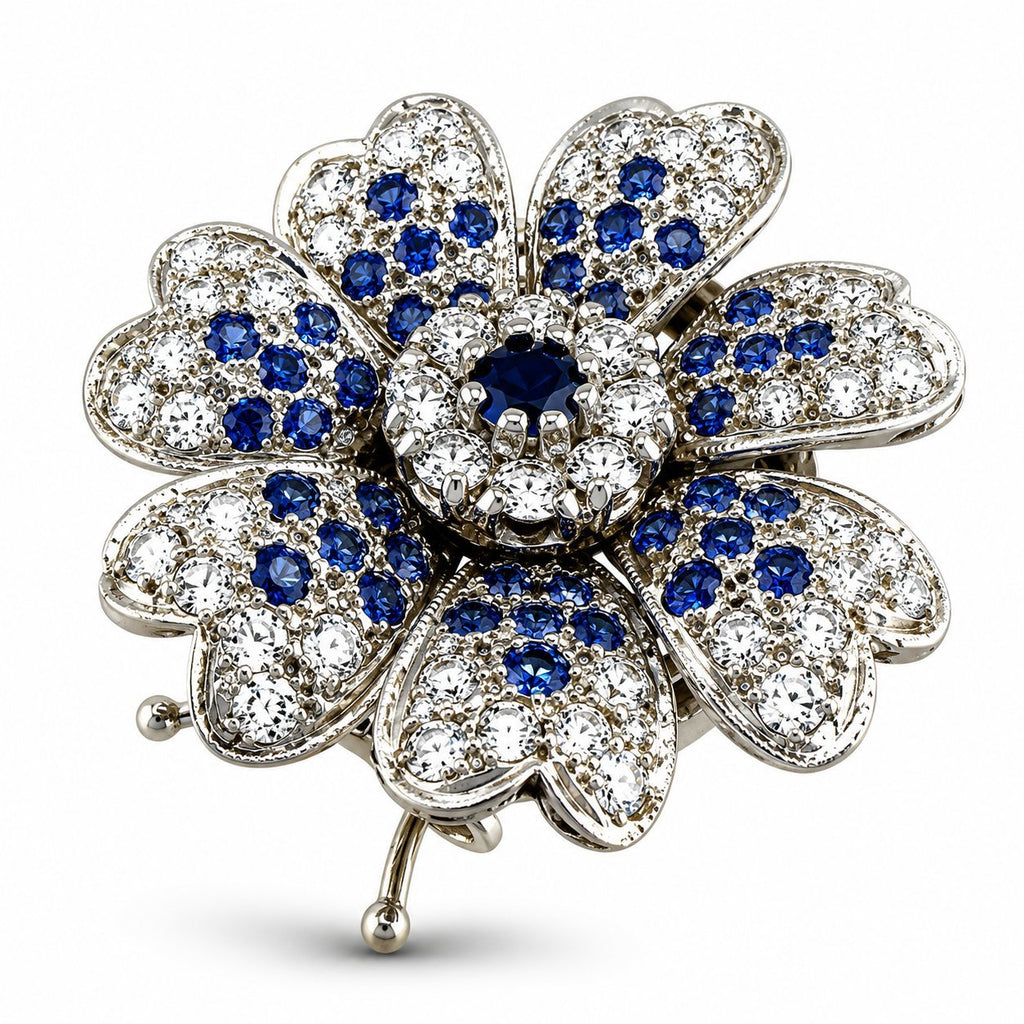 14K White Gold 1.60ct Diamond and 1.15ct Sapphire Flower Brooch