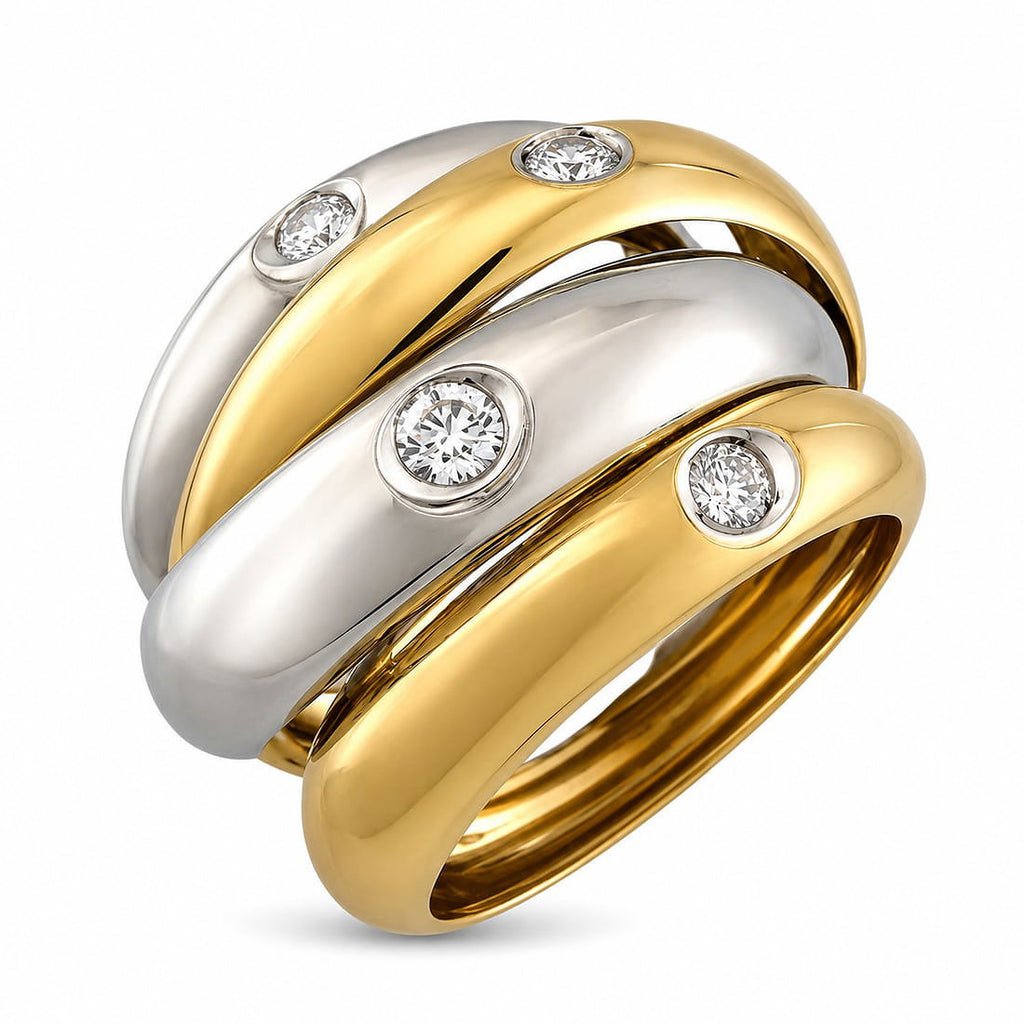 Two-tone gold and white gold double-band ring with round diamonds