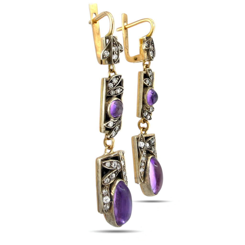 Imperial Russian 56K (14K) Yellow Gold, 1.5ct Diamond, Amethyst and Enamel Art Deco Earrings