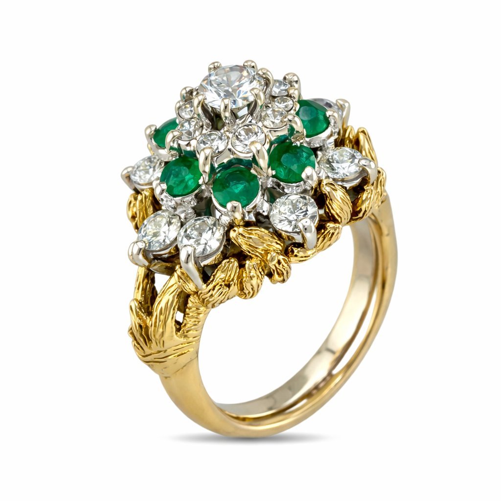 14K Yellow Gold Ring Featuring 17 Sparkling Diamonds and 8 Vibrant Emeralds