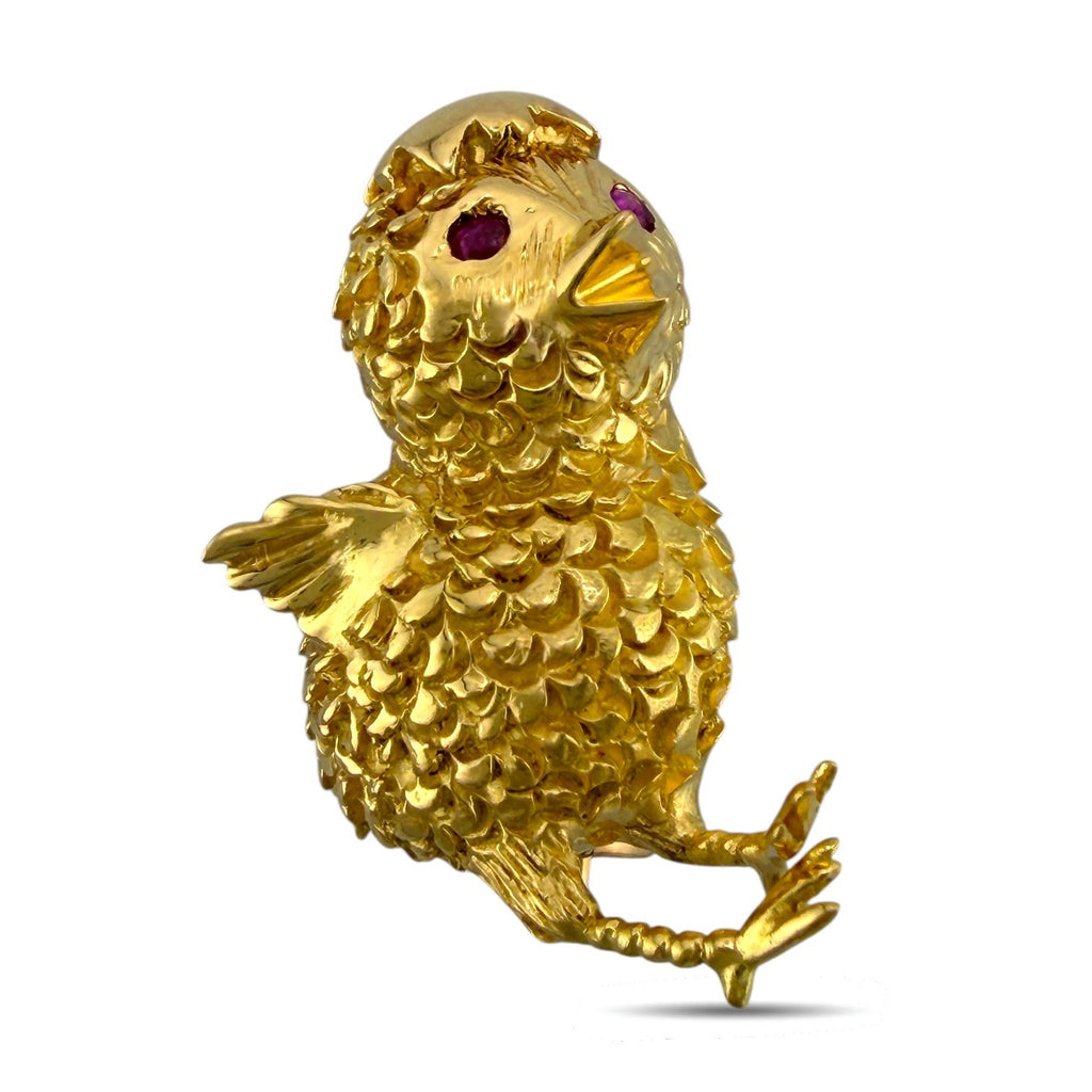 14K Yellow Gold Ruby-Eyed Hatching Chick Brooch