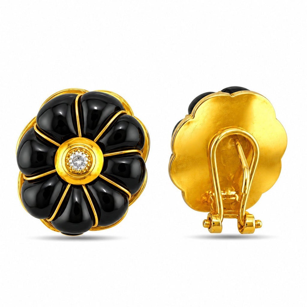 Sculpted onyx clip-on earring showing its gold back and clip fastening