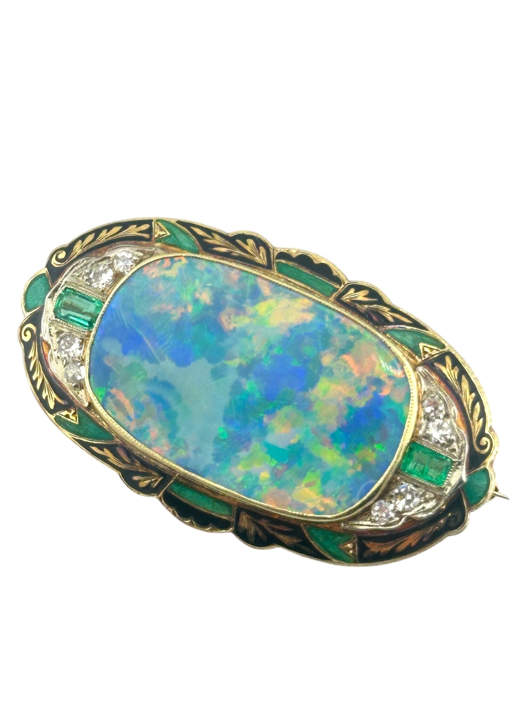 14 kt. Yellow gold, Antique 14K Yellow Gold Large Black Opal Brooch with Diamonds & Emeralds Diamond