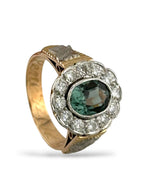 Antique 14K Rose Gold Ring with Diamonds and Green Tourmaline