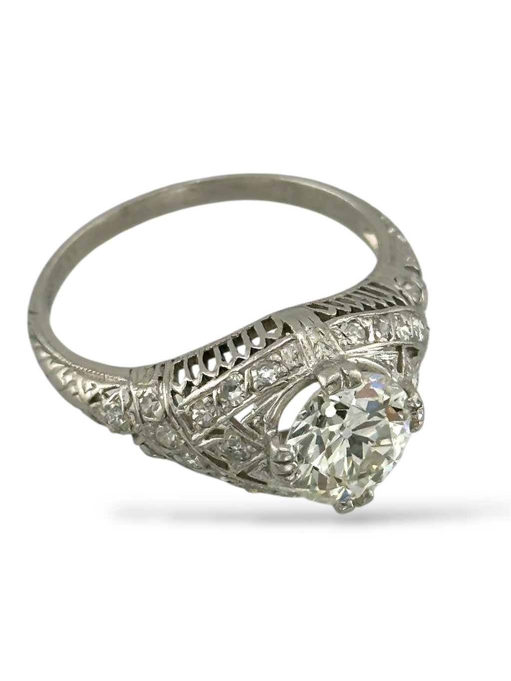 Antique Platinum Ring with 1.35ct Old European Diamond and Cut Accents