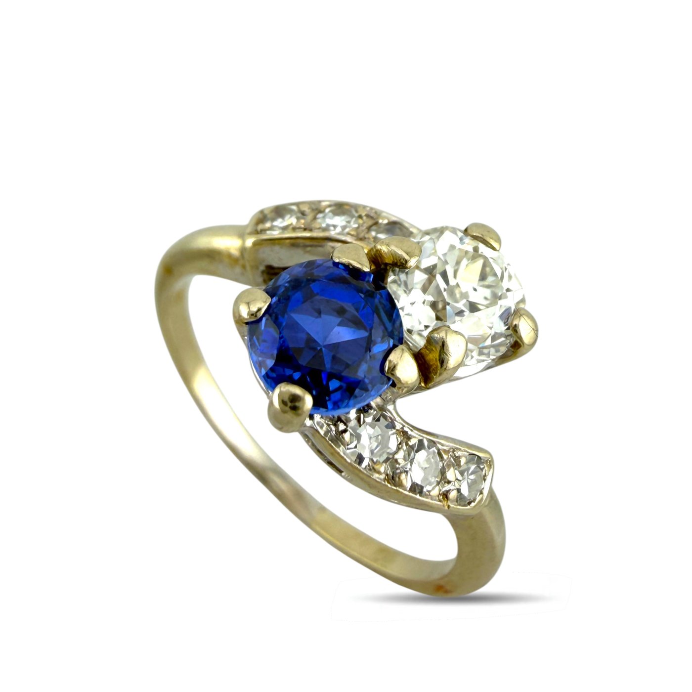 18K Yellow Gold 0.65ct Sapphire and 0.7ct Diamond Bypass Ring