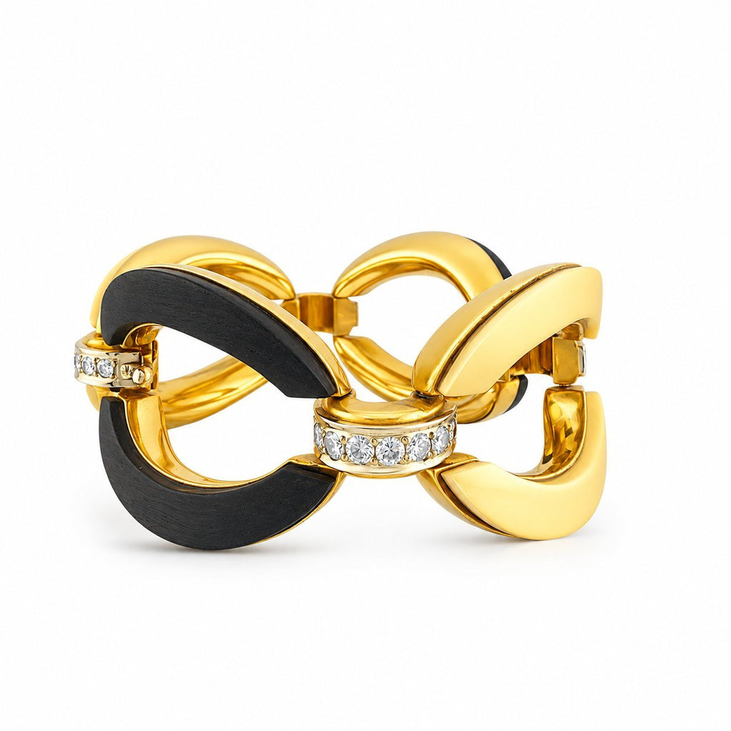 Front view large-link bracelet with black wood crescent insets and diamond row