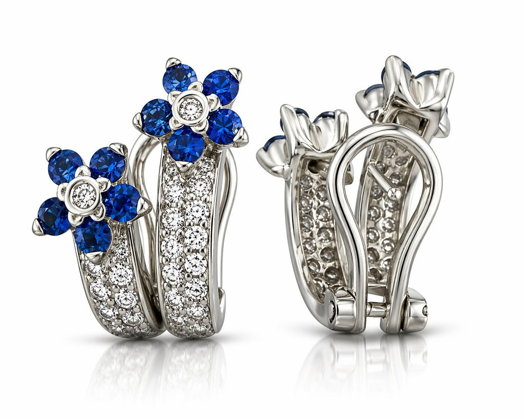 Leo Pizzo 18K White Gold 1.0ct Diamond and 2ct Sapphire Floral Earrings