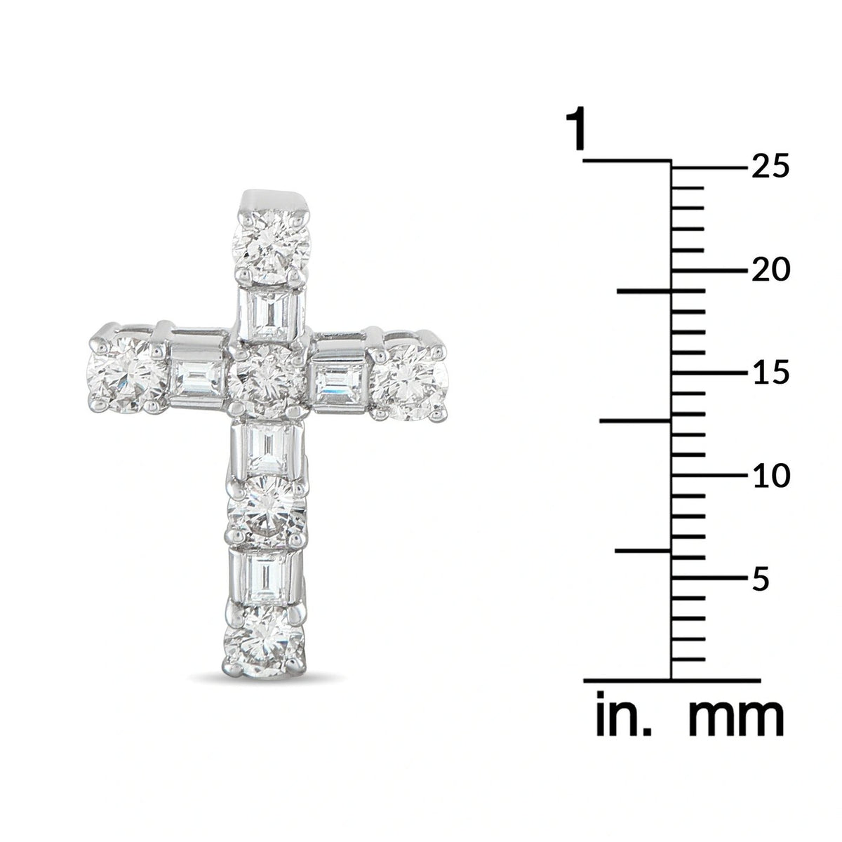 Diamond cross pendant in 18K white gold, prong-set stones shown with scale