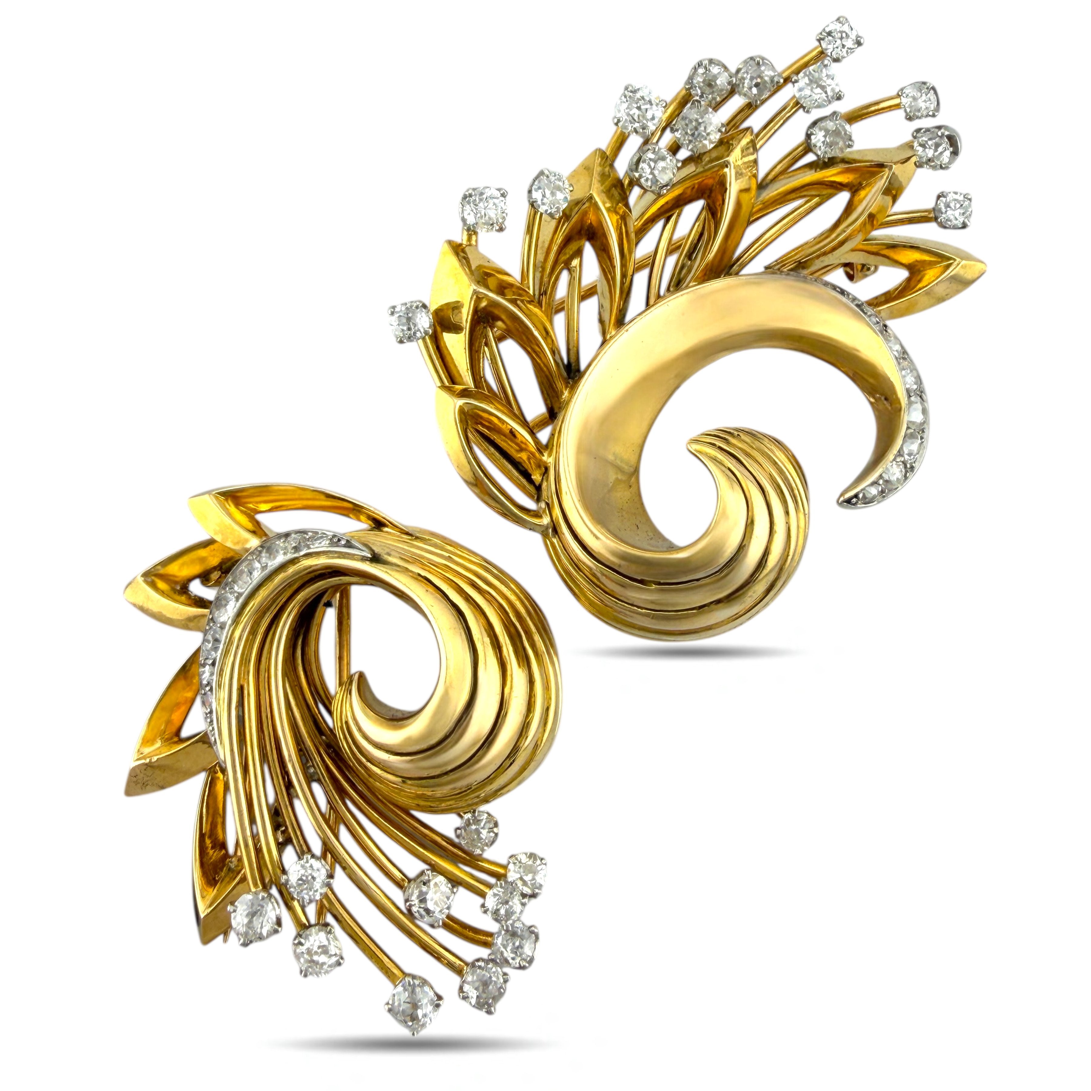 Brooch - 18 kt. Yellow gold, Exclusive French 18K Yellow Gold Three-Piece 3.41ct Diamond Brooch -  3.41ct. tw. Diamond (Natural)
