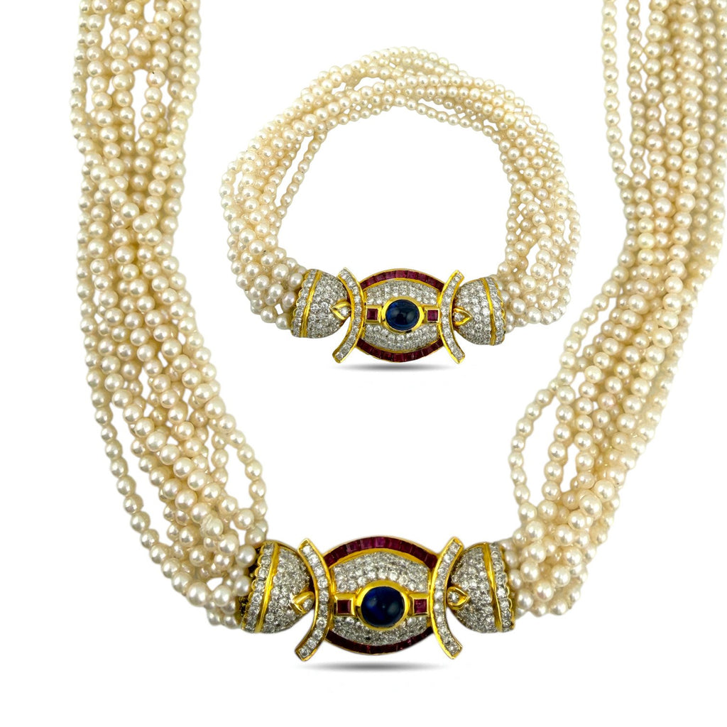 18K Yellow Gold Pearl 9.6ct Diamond, 2.4ct Rubies, and 2.5ct Cabochon Sapphire Necklace